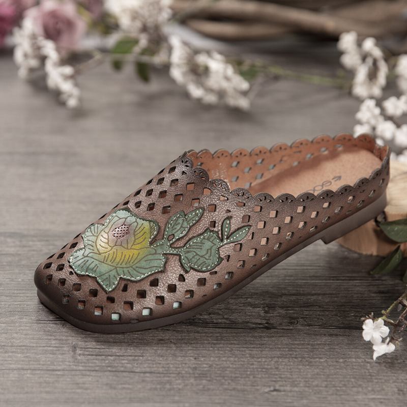 Retro Læder Blomster Applikation Udskæringer Bløde Flade Mules Træsko Slip-on Sandaler