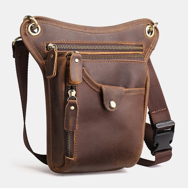 Mænd Retro Ægte Læder Taske Med Flere Lommer Outdoor 6.5 Tommer Lynlås Crossbody-tasker Skuldertaske | bedstefarve.com