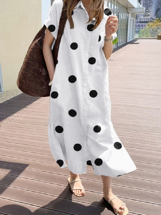 Cottagecore Polka Dot Pocket Lapel Kortærmet Skjortekjole