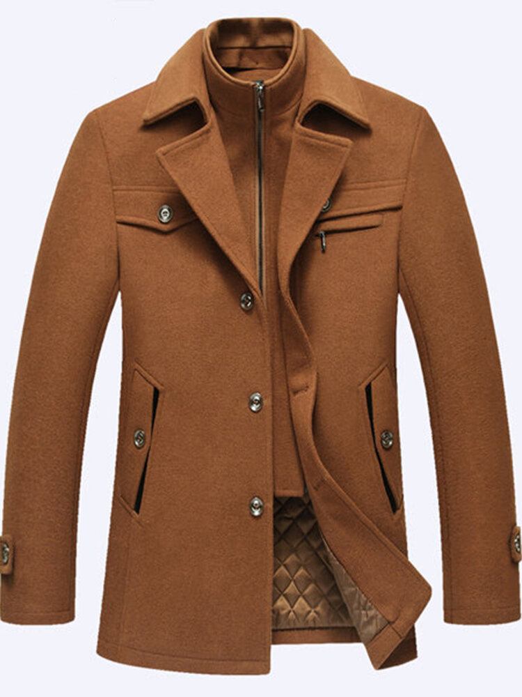 Efterår Vinter Fashion Business Dobbeltkrave Casual Jakke Herre Uld Varm Jakke Lang Trenchcoat
