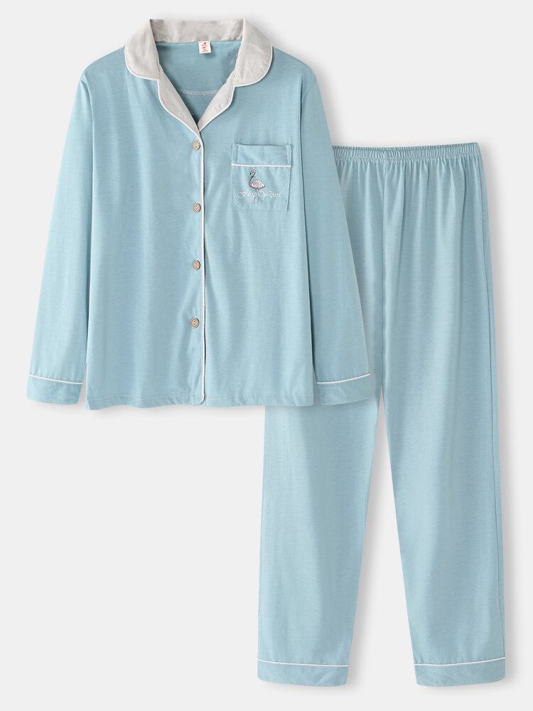 Dame Bomuld Flamingo Mønster Solid Langærmet Knap Todelt Plus Size Home Pyjamas Sæt