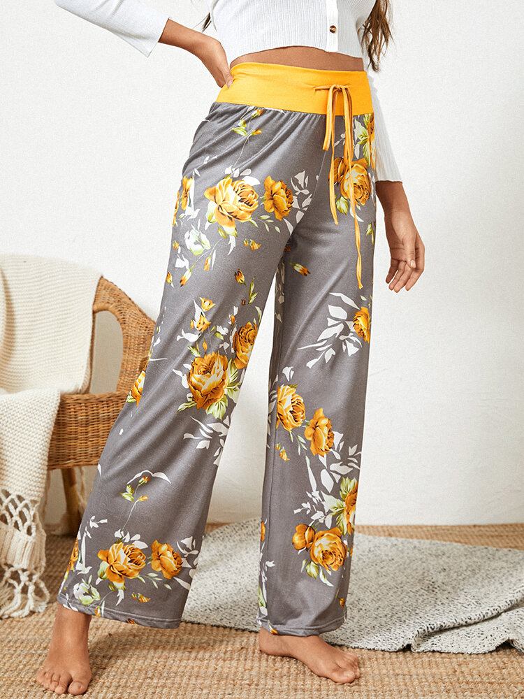 Kvinder Plus Blomster Print Talje Løs Hjem Casual Pyjamas Bukser | bedstefarve.com