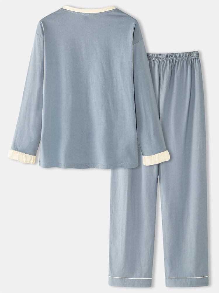 Kvinder Tegneserie Kat Print Tofarvet Patchwork Elastisk Talje Lommebukser Hjemmepyjamas Sæt
