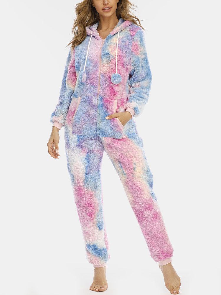 Kvinder Tie Dye Pocket Lynlås Forside Jumpsuit Hjem Nattøj