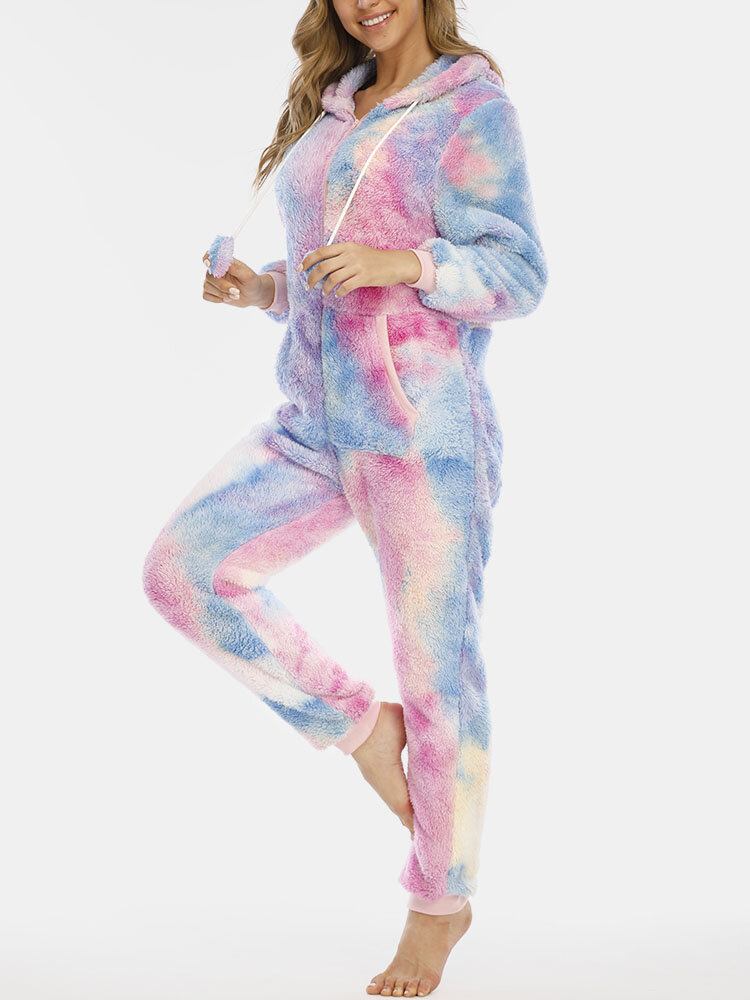 Kvinder Tie Dye Pocket Lynlås Forside Jumpsuit Hjem Nattøj