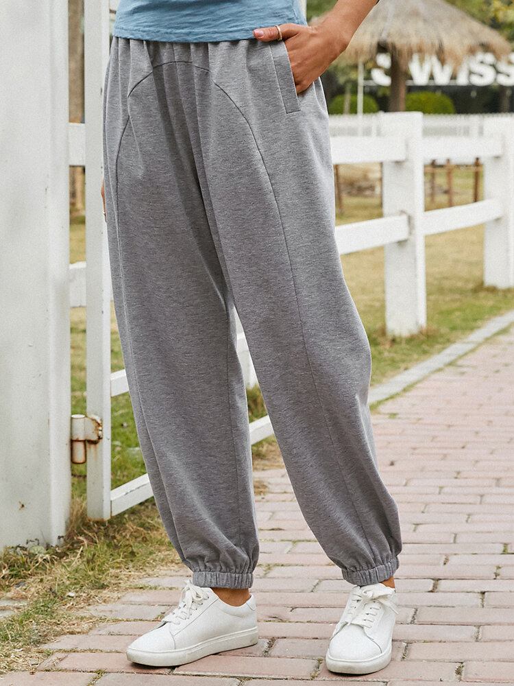 Dame Ensfarvet Elastisk Talje Casual Joggingbukser Med Manchet Og Lomme