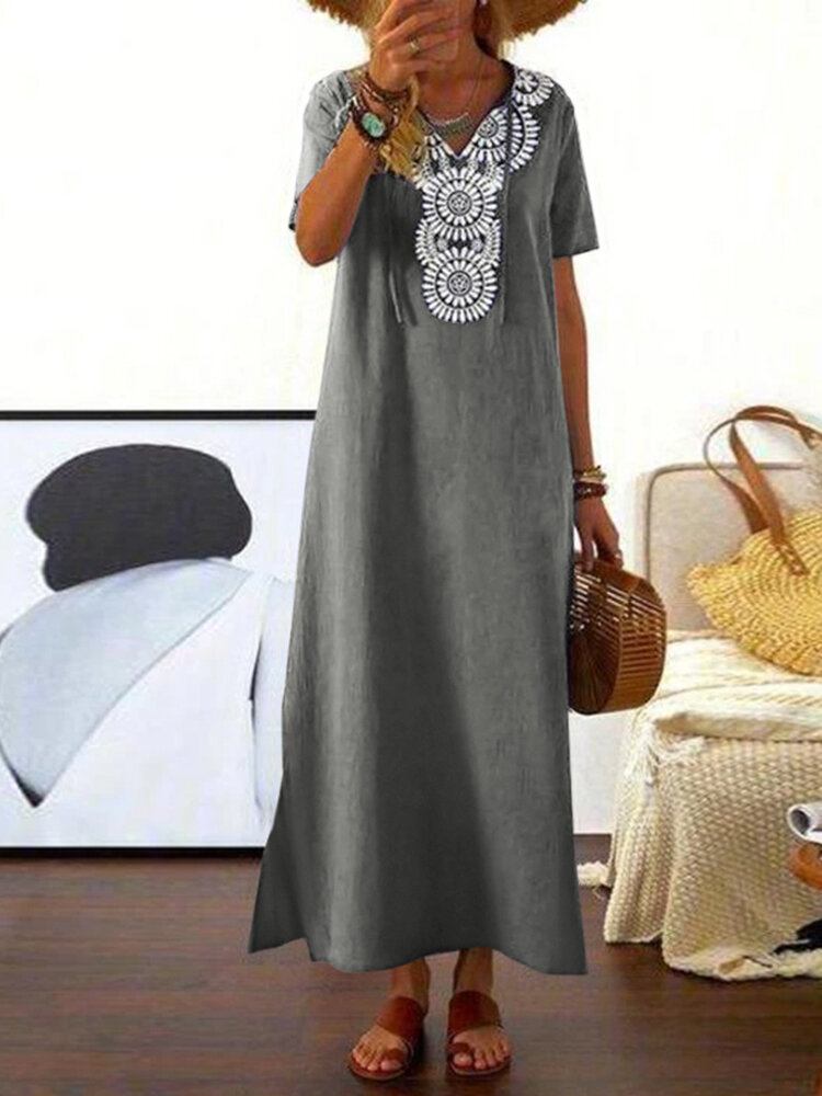 Bohemia Broderi V-hals Kortærmet Split Maxi Kjole
