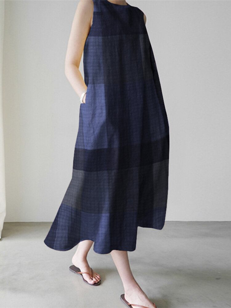 Casual Grid Printet Ærmeløs Vintage Side Pocket Maxi Kjole Til Kvinder