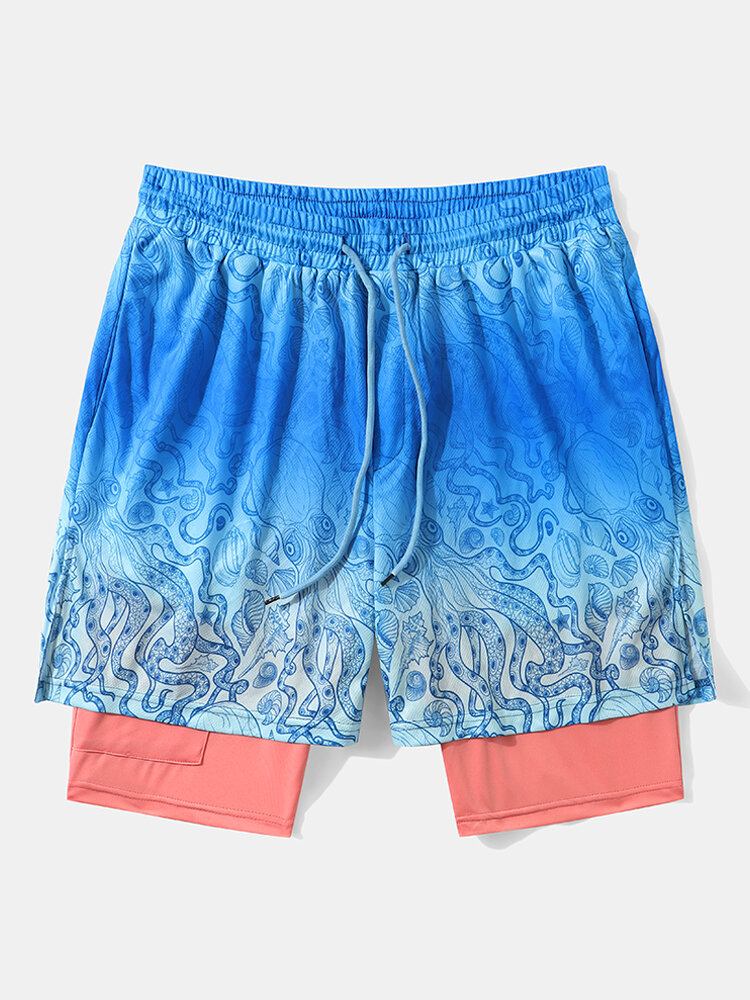 Mænd Blæksprutte Mønster Dobbelt Lag Usynlig Lomme Shorts