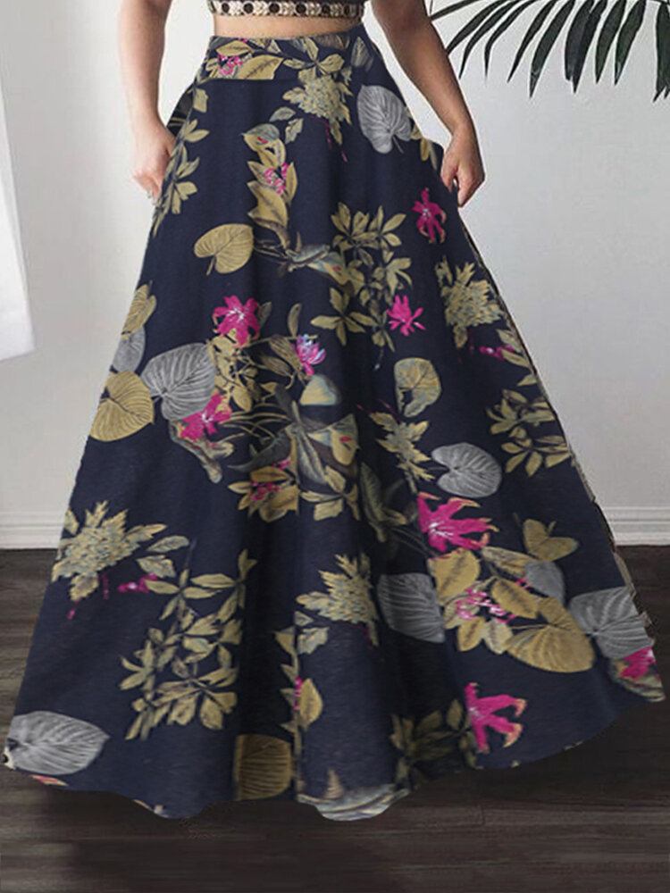 Kvinder 100% Bomuld Plante Blomsterprint Højtalje Bohemia Maxi-nederdele