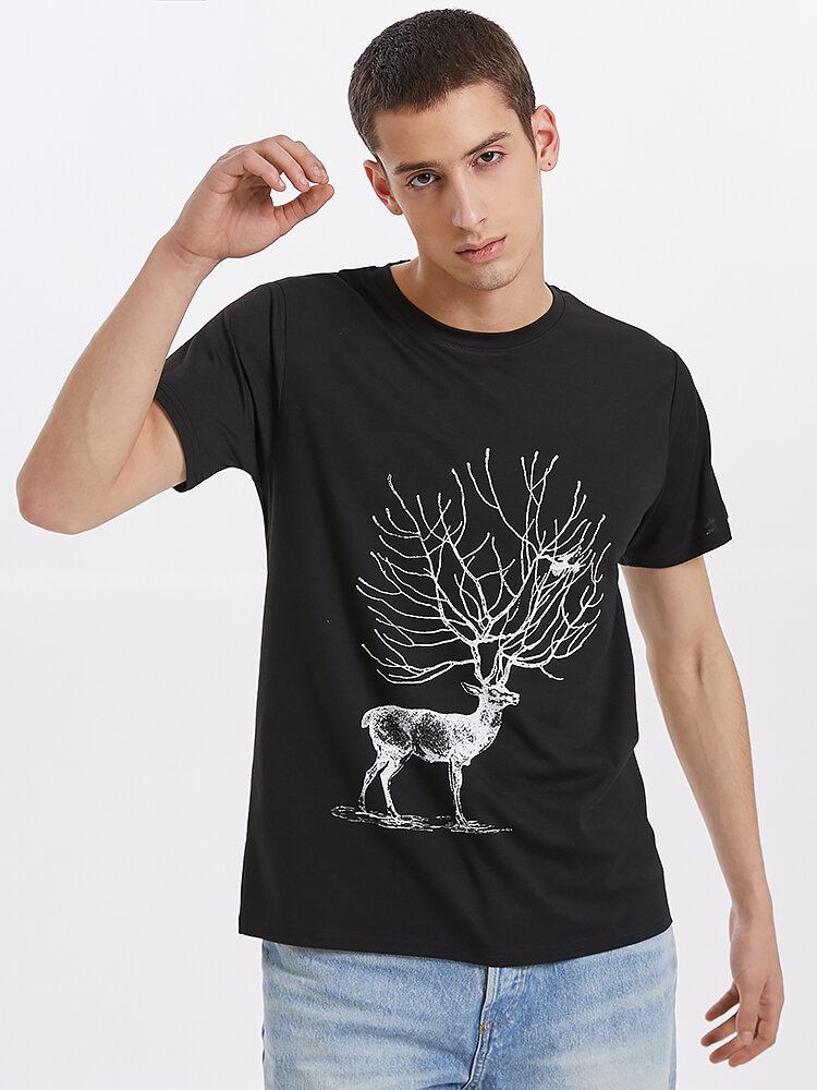 Mænds Tegneserie Rensdyr Grafik Med Rund Hals Kortærmet T-shirt