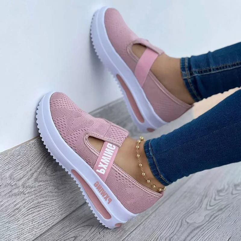Stor Størrelse Kvinder Brevtryk Elastisk Slip-on Comfy Åndbar Mesh Comfy Platform Sneakers
