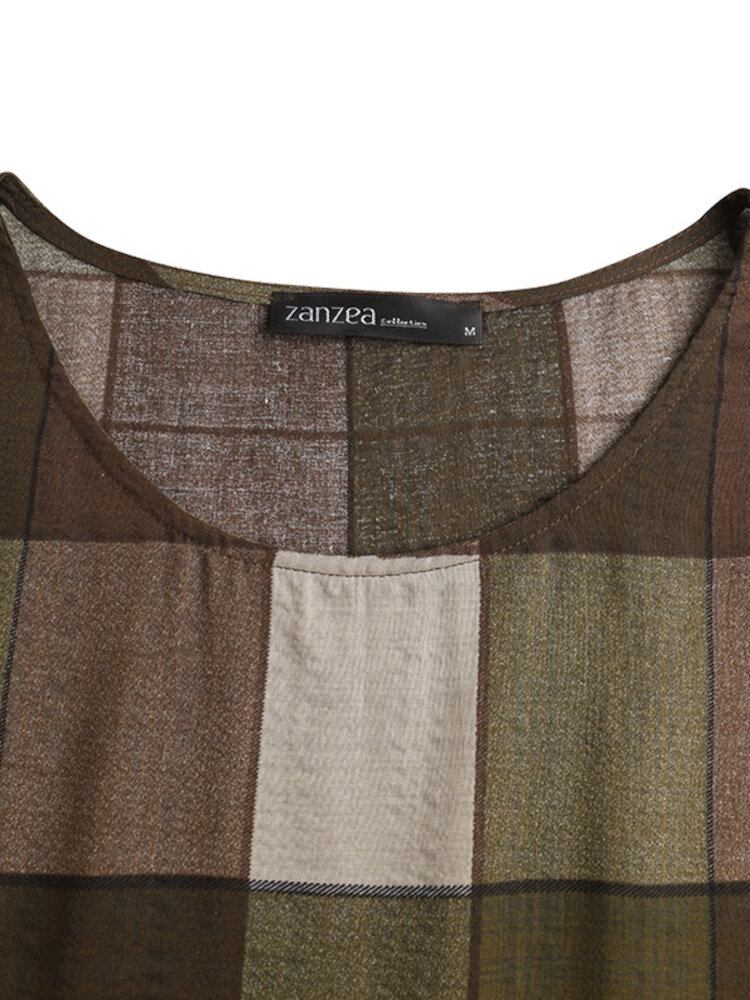 Kvinder Grid Printed Løs O-hals Kalv Længde Casual Midi Kjoler