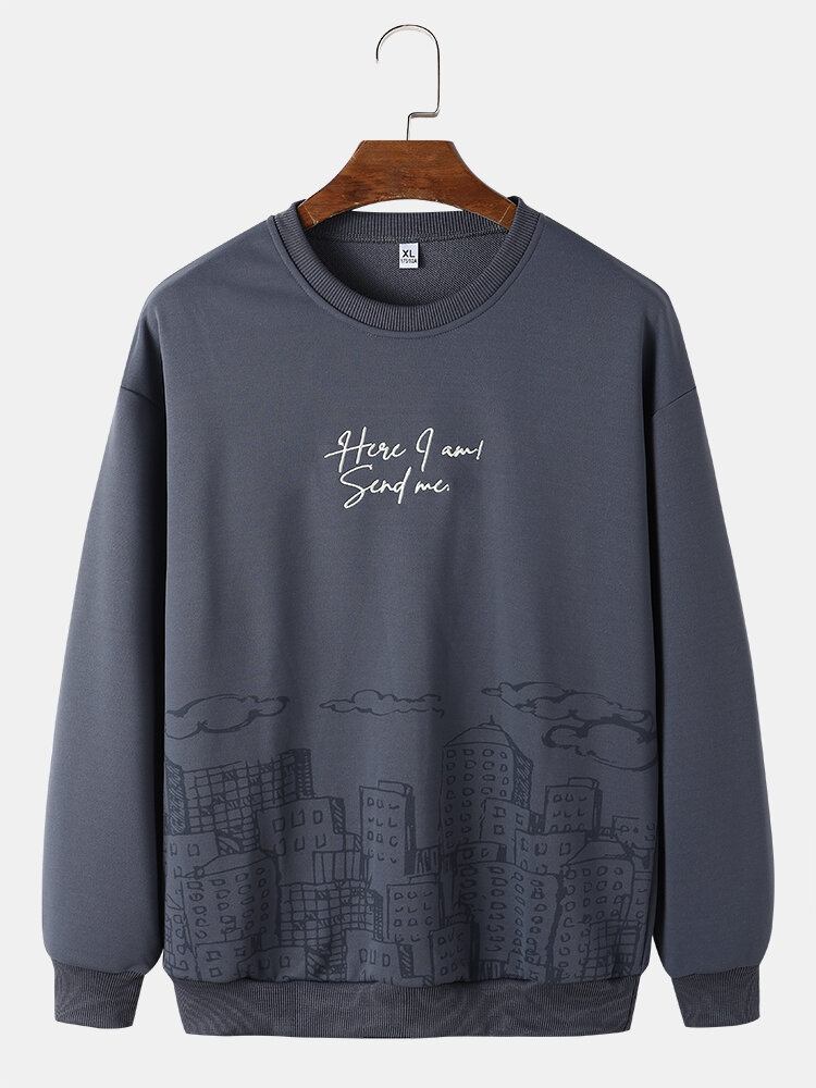 Mænd Landskabsmønster Patchwork Langærmet Pullover Sweatshirt