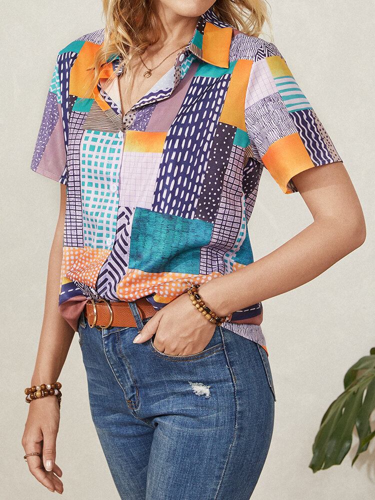 Geometrisk Print Revers Knap Kortærmet Casual Bluse Til Kvinder