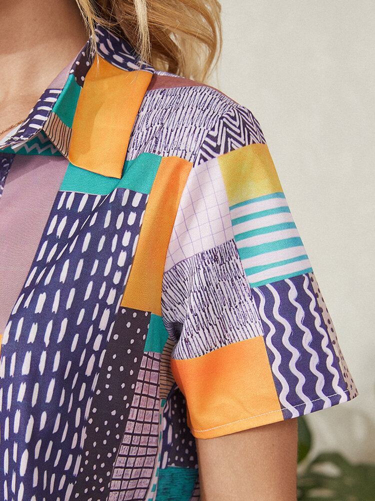 Geometrisk Print Revers Knap Kortærmet Casual Bluse Til Kvinder