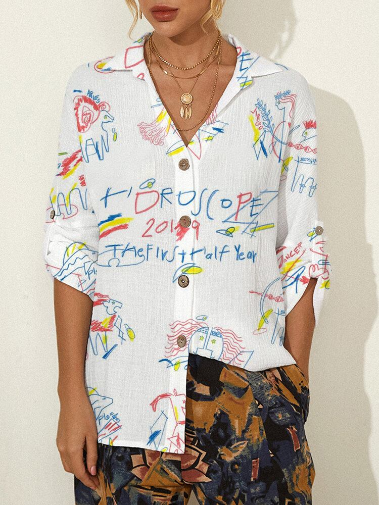 Graffiti Print Langærmet Knap Revers Afslappet Bluse Til Kvinder