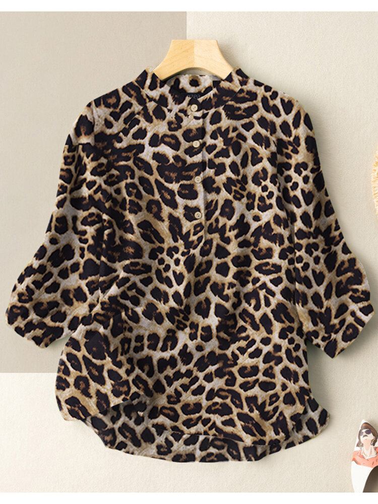 Leopard Print Stativ Knap 3/4 Ærmet Dame Bluse | bedstefarve.com