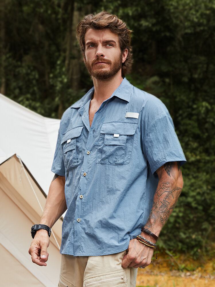 Mænd Almindelig Brystlomme I Campingstil Alle Matchede Skjorter Med Brillernesnor