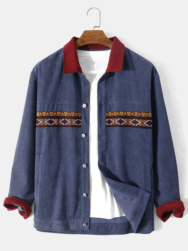 Mænd Vintage Corduroy Etnisk Patchwork Pocket Langærmede Skjorter