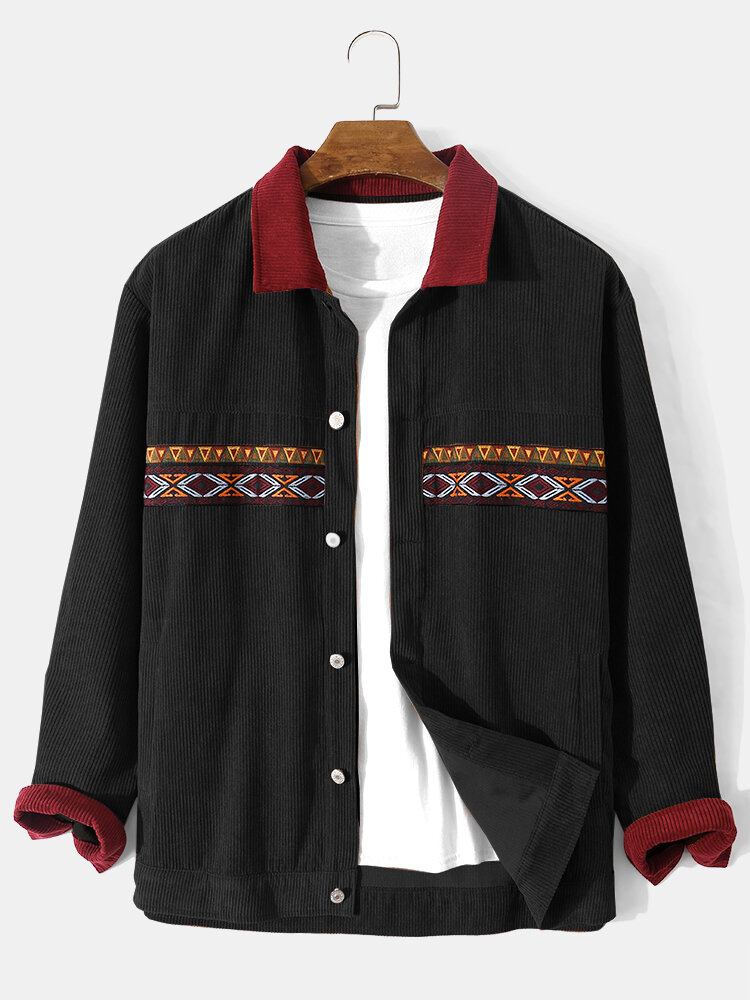 Mænd Vintage Corduroy Etnisk Patchwork Pocket Langærmede Skjorter