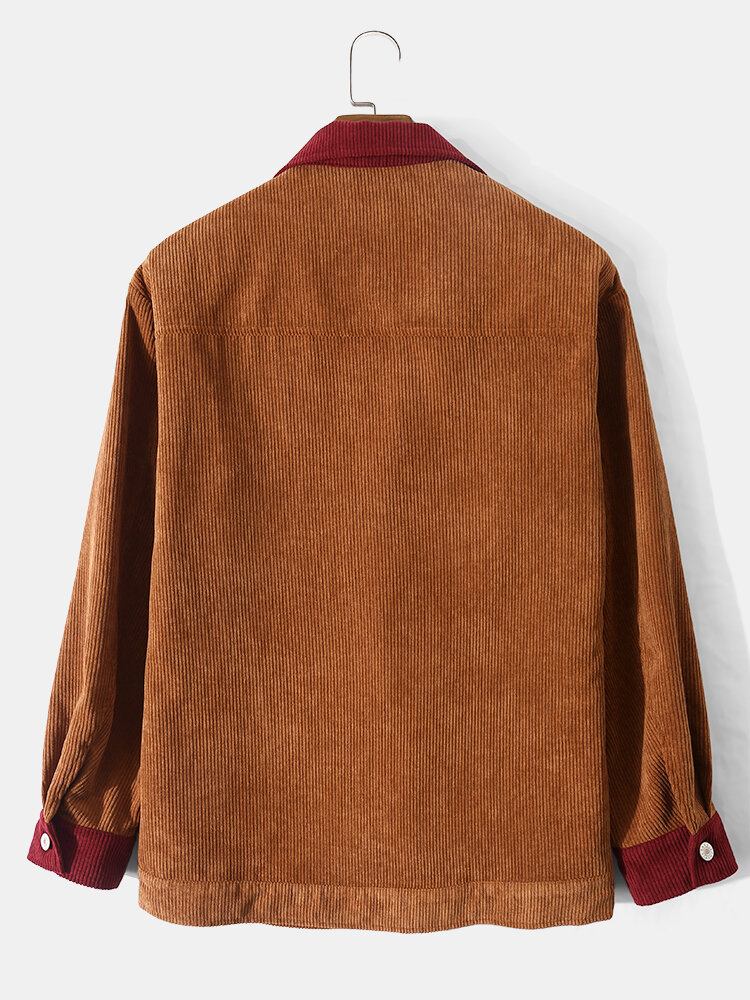 Mænd Vintage Corduroy Etnisk Patchwork Pocket Langærmede Skjorter