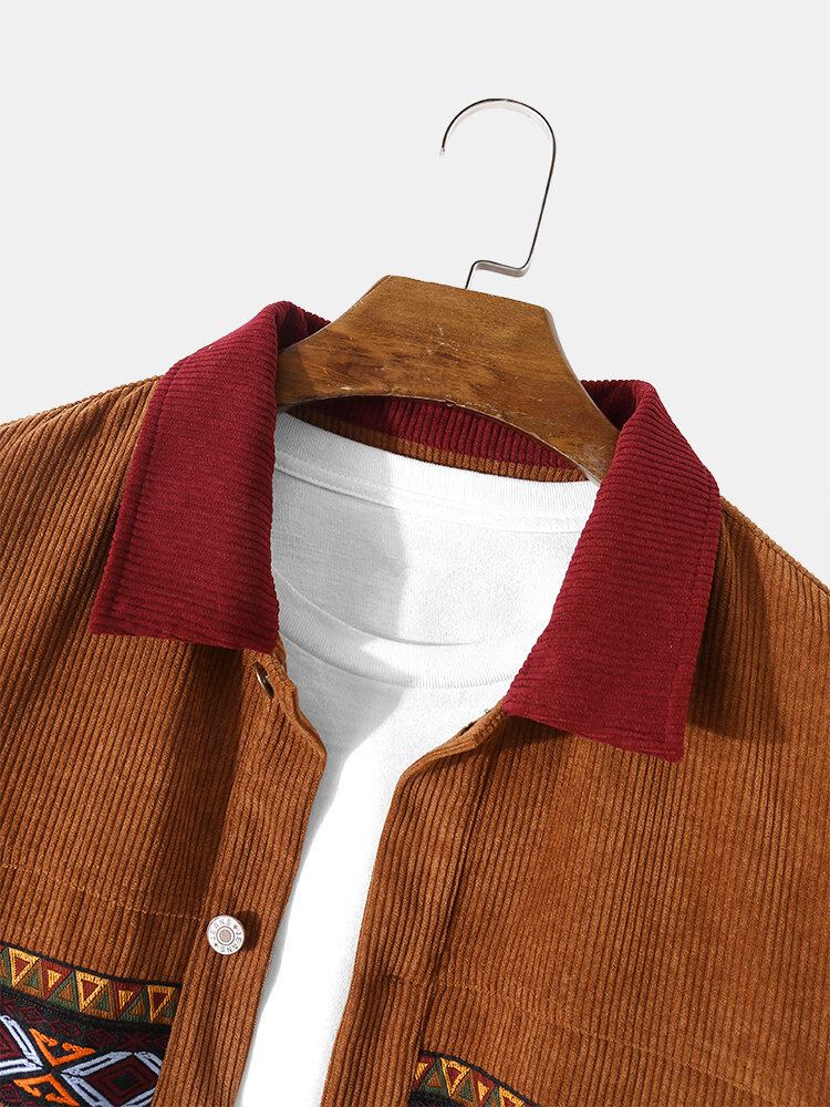 Mænd Vintage Corduroy Etnisk Patchwork Pocket Langærmede Skjorter