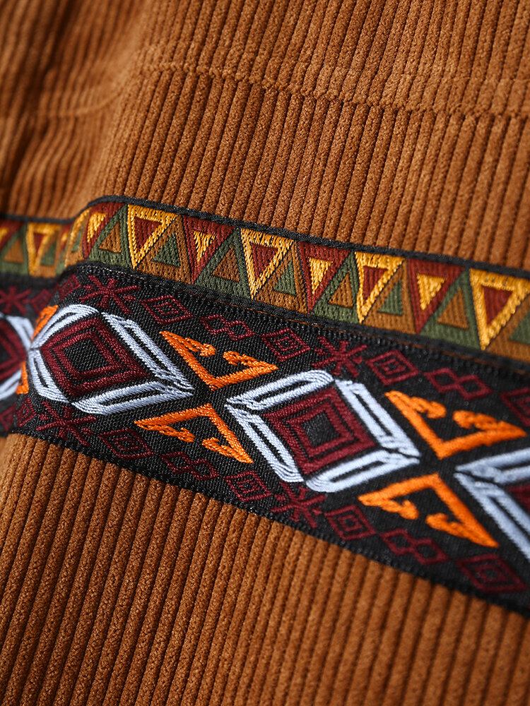 Mænd Vintage Corduroy Etnisk Patchwork Pocket Langærmede Skjorter