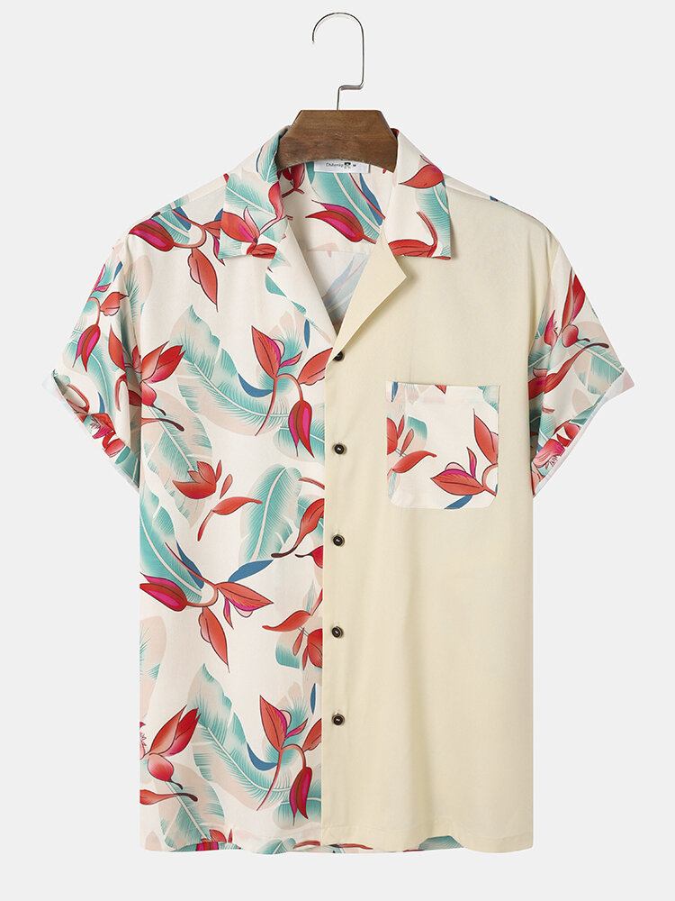 Tropical Plant Print Patchwork Revere Collar Kortærmede Skjorter