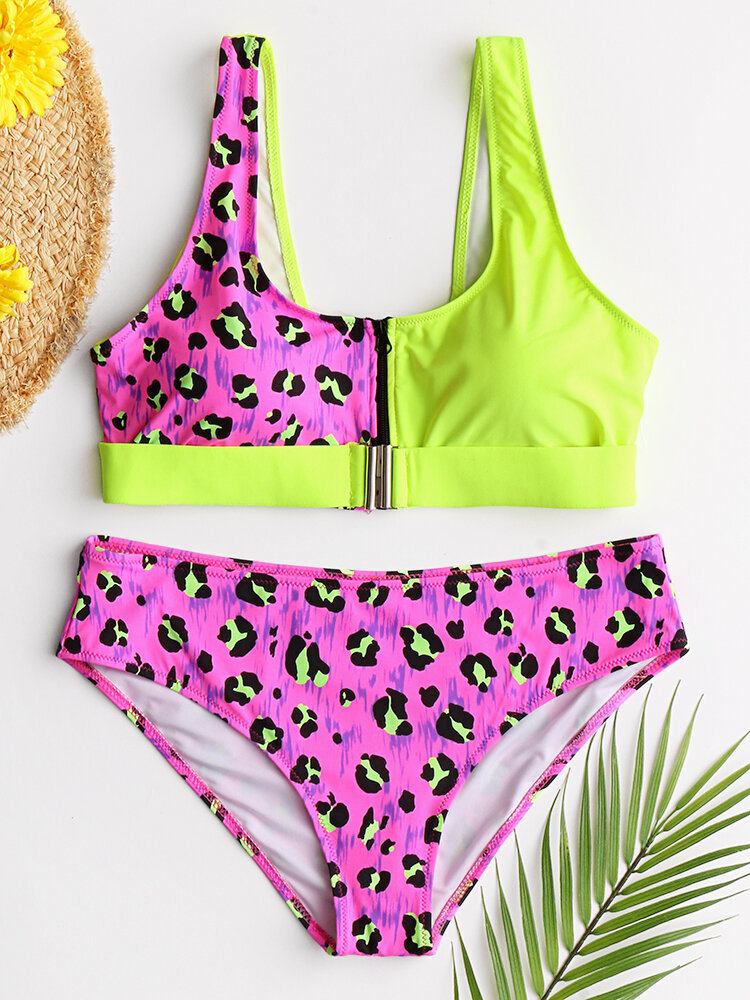 Dame Leopard Patchwork Front Lynlås Bikini Rygløst Badetøj