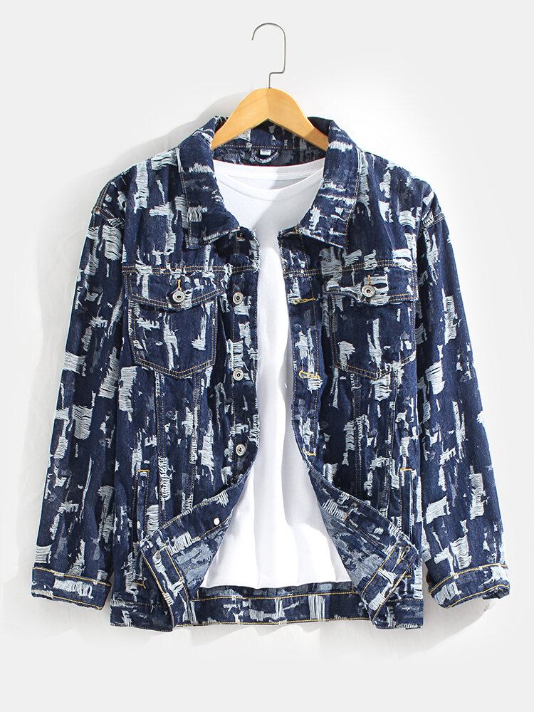 Mænds Allover Ridset Designer Afslappet Revers Denimjakke